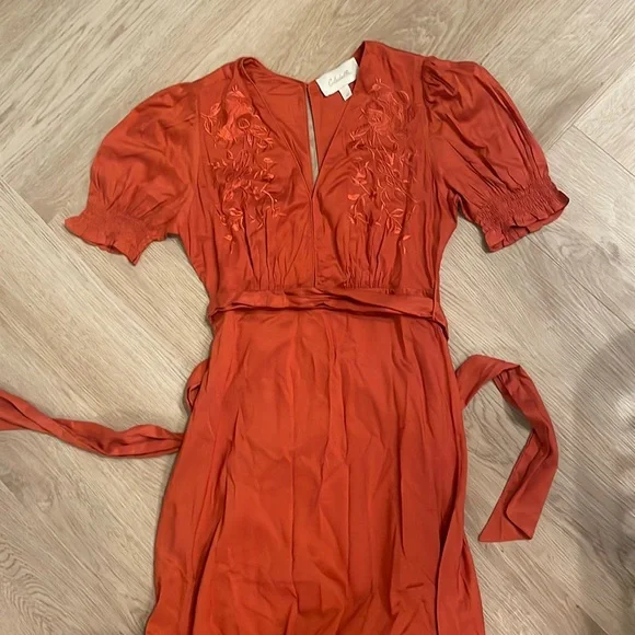 rust embroidered dress Minimalist Off-Shoulder Satin Wedding Dress – Elegant A-Line Silhouette main image 0